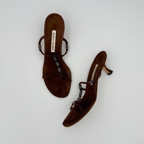 Manolo Blahnik Shoes - Manolo Blahnik Brown Suede Beaded Sandals Size 38